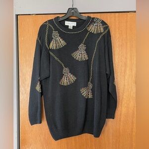 Black Vintage Sweater with Colorful Tassel Design
